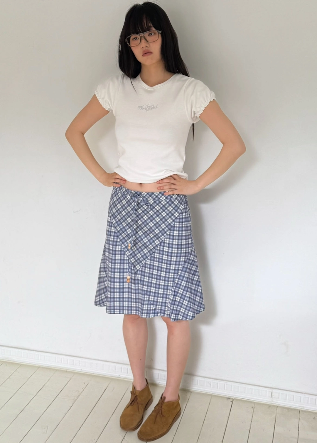온무드 VENICE CHECK MIDI SKIRT - NAVY BLUE 상품 이미지 2