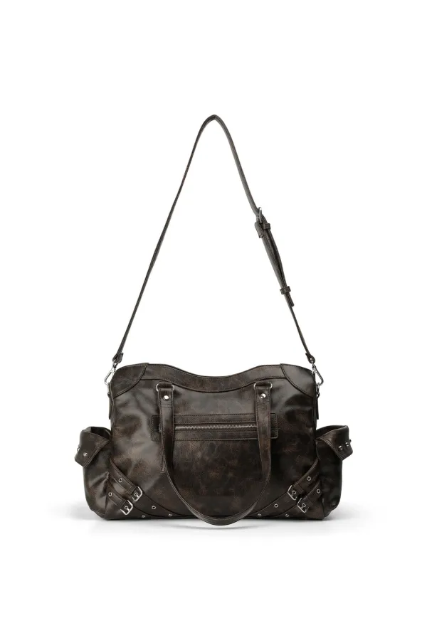 VINTAGE CRACK STUD POCKET BIG BAG IN DARK BROWN