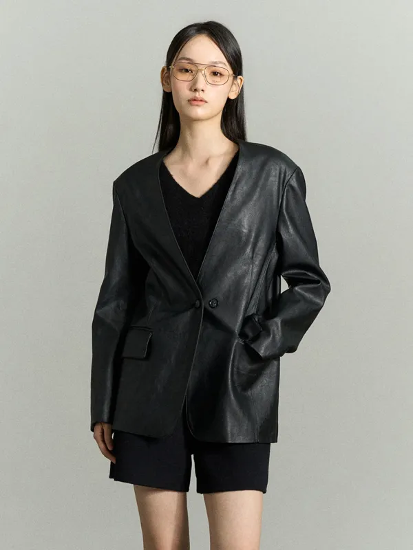 SHOULDER PADDED FAUX LEATHER JACKET