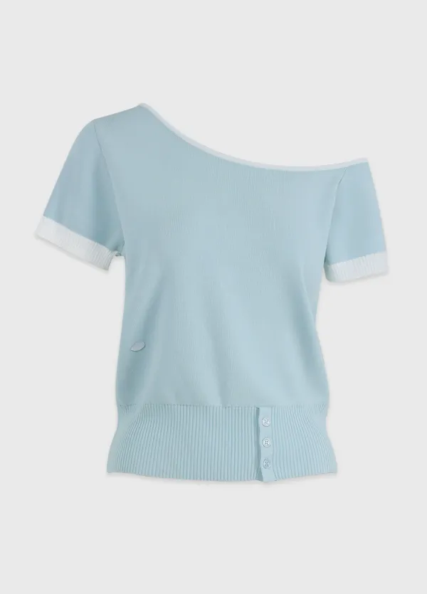  [44-120]  Nanel Color Line One Shouder Knit  나넬 컬러 라인 원 숄더 니트 (여름-데일리룩-데이트룩-출근룩-여행룩-휴가룩-여름니트-원숄더-여리핏-반팔니트-배색니트-니트-빅사이즈-자체제작) 