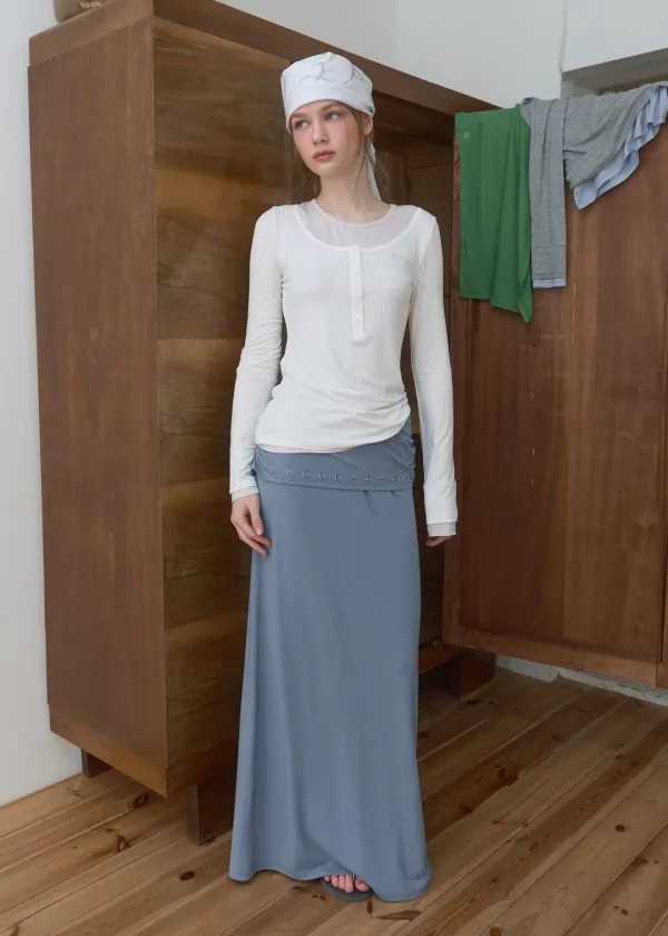 Side Shirring Long Skirt_Dusty Blue