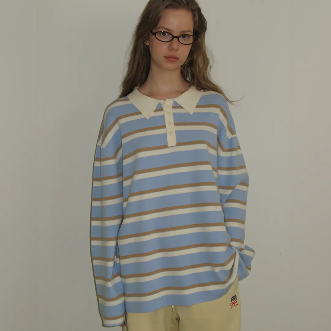 론론 RUGBY COLLAR LOOSE FIT LONG SLEEVE KNIT BLUE CREAM STRIPE 상품 이미지 2
