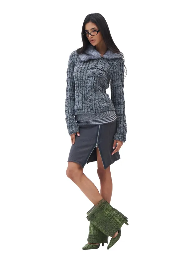[Pre-order] Fur Collar Trail Knit Zip-up [Gray] *9/21 발송예정