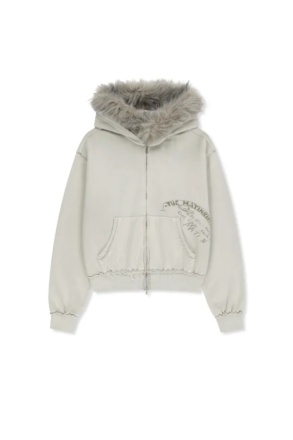 VINTAGE GRAFFITI FUR-TRIM HOODY ZIP UP IN LIGHT BEIGE