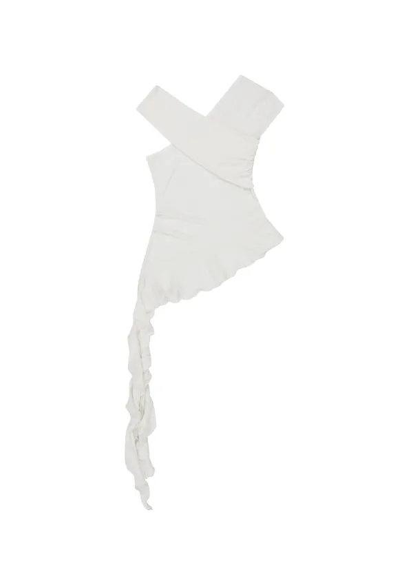 [3RD] TUCK JERSEY RUFFLE TOP, WHITE