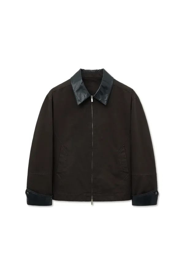 LEATHER COLLAR POINT WORK JACKET FOR MEN IN DARK BROWN