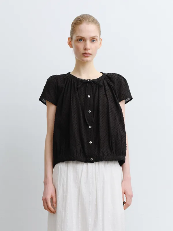 TVR DOT EMBROIDERY SHIRRING BLOUSE_BLACK