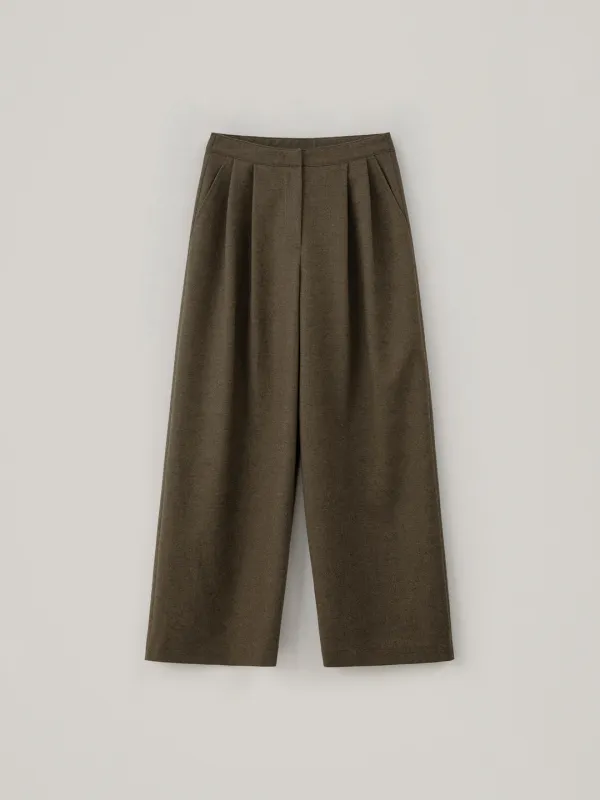 Herringbone Wool Two Tuck Slacks - Brown