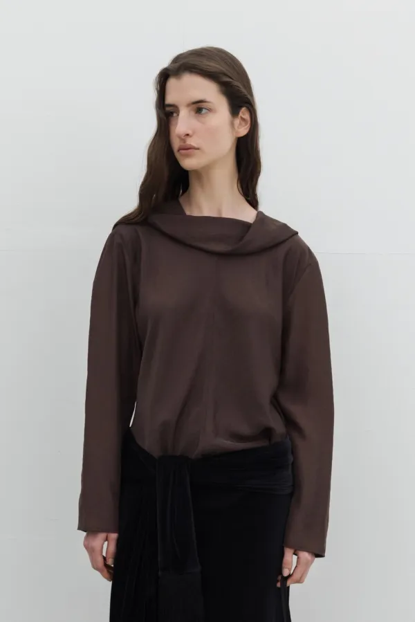 Draped Bias-Cut Blouse (Ivory / Gray / Brown)