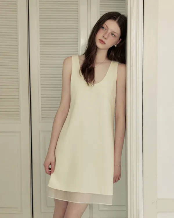 Deep v neck pearl point double mini dress - cream