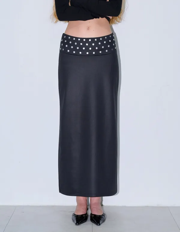 STUDDED WAIST MAXI SKIRT, BLACK
