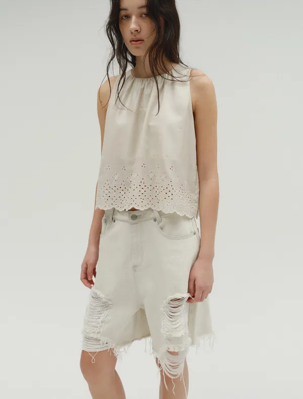 PUNCHING DETAIL GLOSSY COATED BLOUSE [BEIGE]