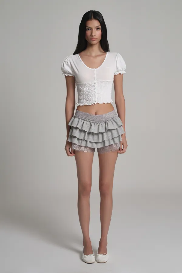 Sugar crepe smocking puff top, White