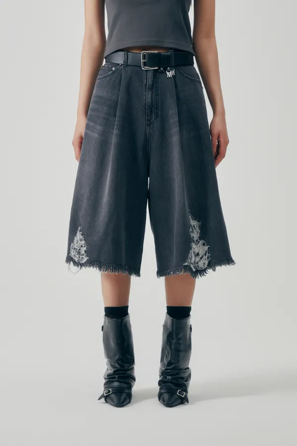 Distressed Square Denim Set-up Shorts [ Gray ]