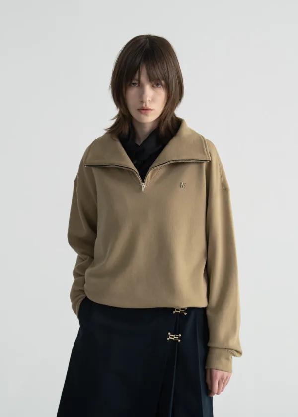 PIQUE HALF-ZIP PULLOVER - BEIGE