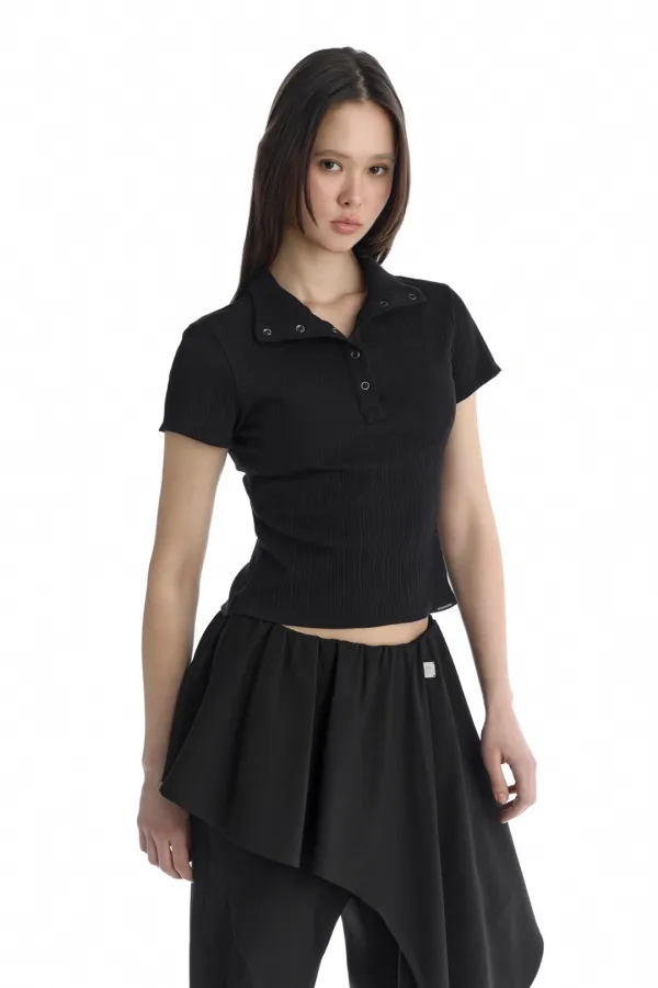 Snap Band Collar T-Shirt [ Black ]