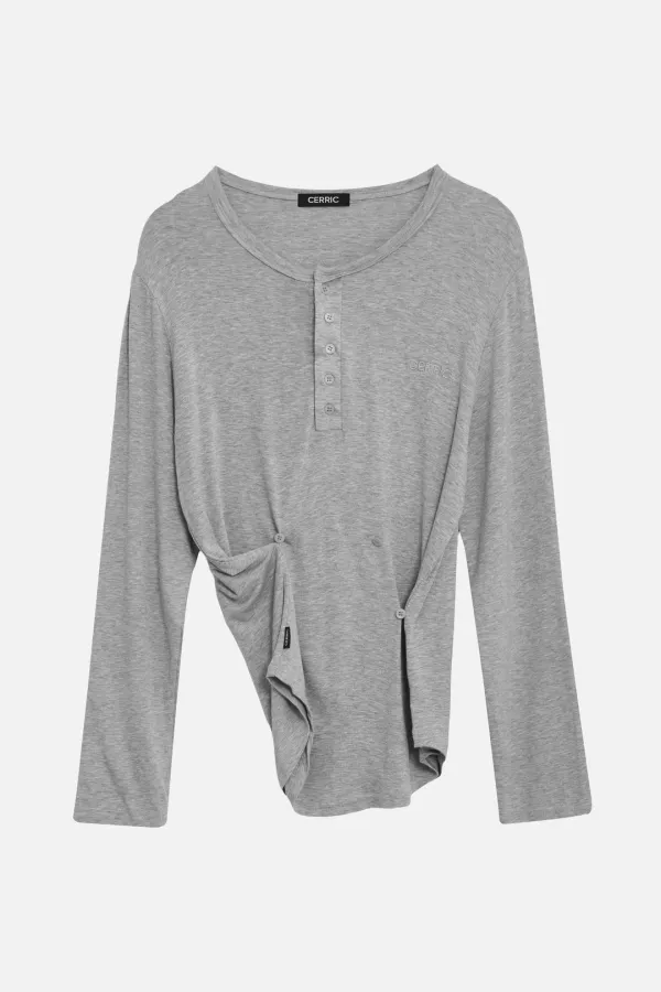 Button Henley Neck Top _ Gray
