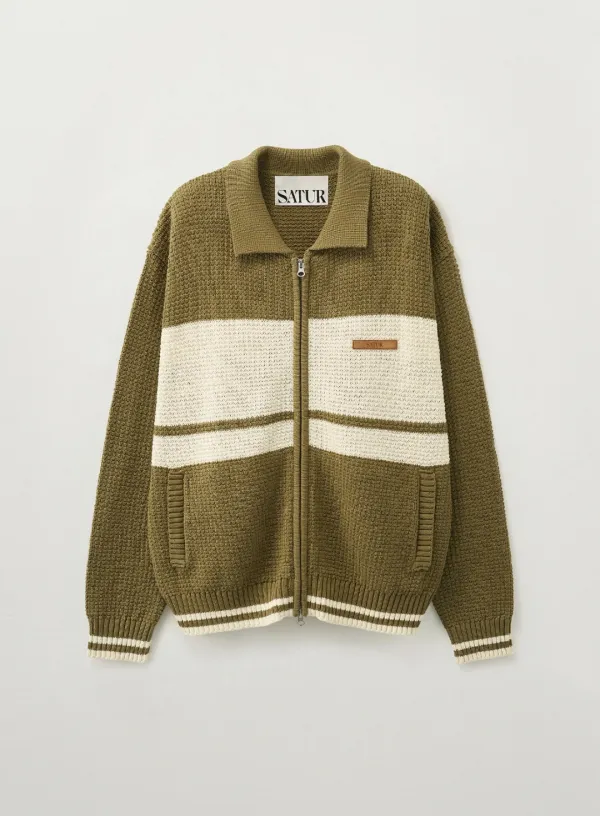 Color Block Knit Zip-up - Olive Green