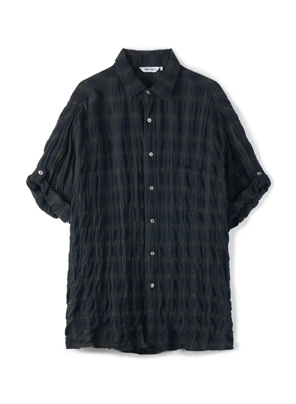 Vintage Crinkle Check Roll Up Half Shirts_Faded Navy