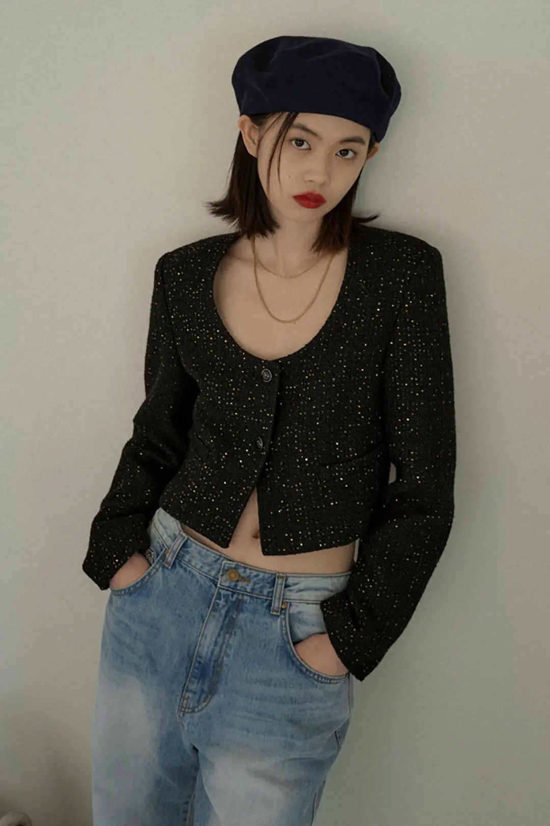 오버듀플레어 TWEED U NECK CROP JACKET_BLACK 상품 이미지 2