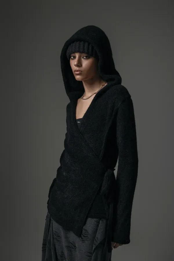 Terry Boucle Hoodie Wrap Cardigan [ Black ]