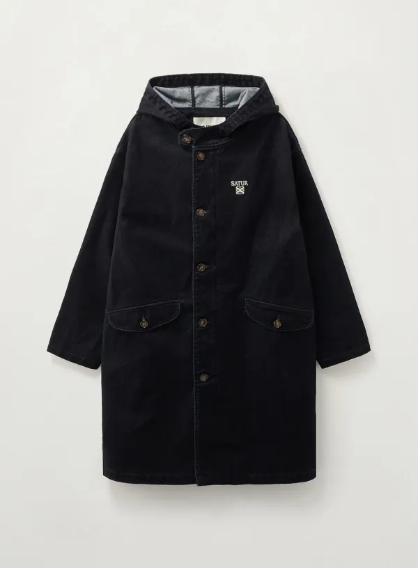 Velvet Denim Mid-Length Hood Coat - Indigo