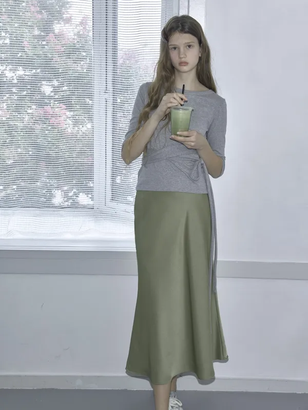 SATIN LONG SKIRT - OLIVE