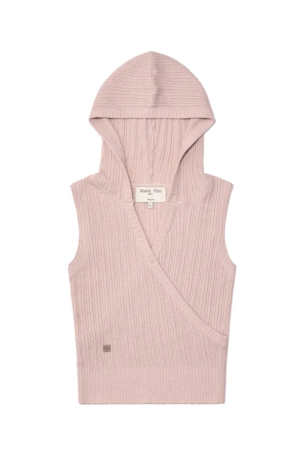 WRAP SLEEVELESS KNIT HOODY TOP IN LIGHT PINK