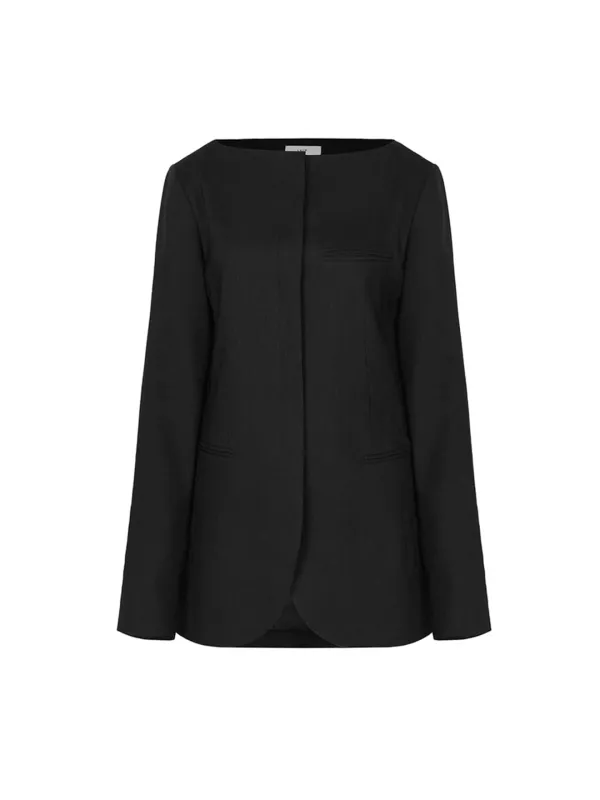 VISCOSE LINEN BOAT NECK BLAZER (BLACK)