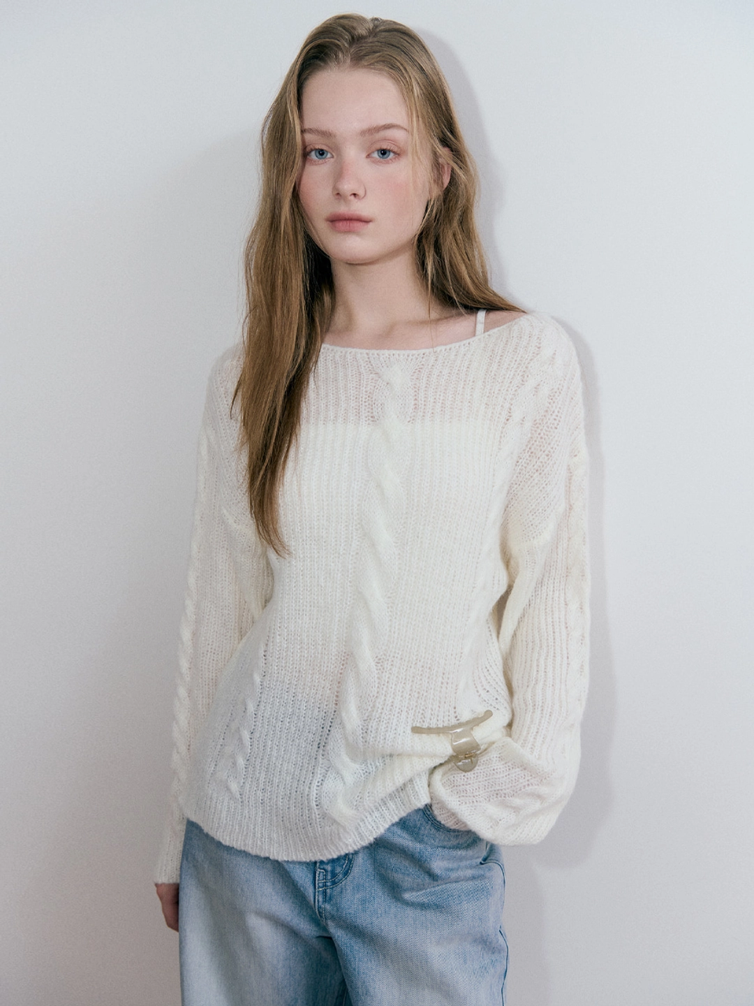 에트몽 [10/8 예약배송] Boat-Neck Cable Knit Pullover, Ivory 상품 이미지 1
