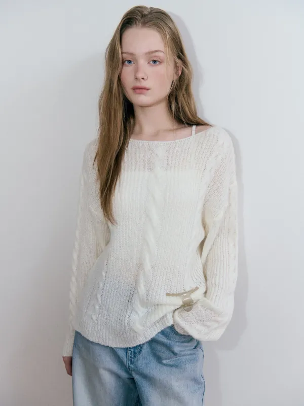 ETMON - [10/8 예약배송] Boat-Neck Cable Knit Pullover, Ivory