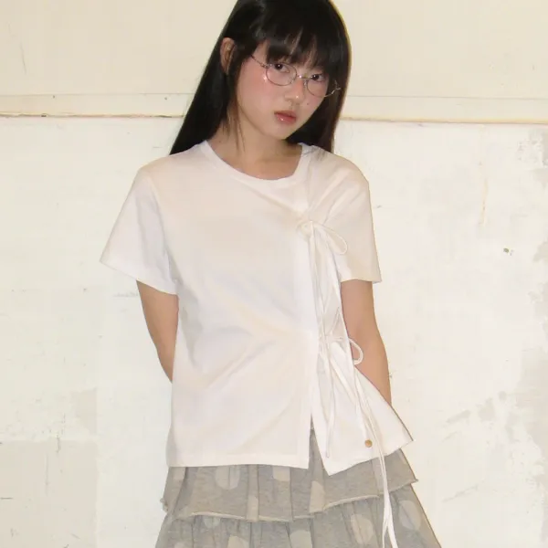 SIDE RIBBON TIE WRAP SHORT SLEEVE T SHIRT WHITE