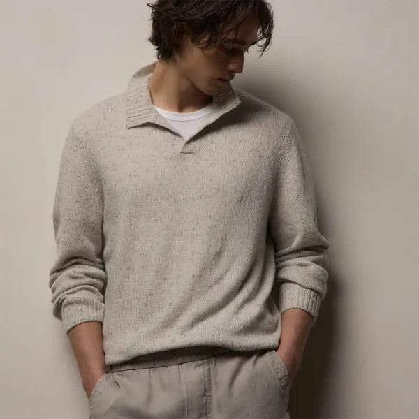 Marled Cashmere Linen Long Sleeve Open Polo - Pearl