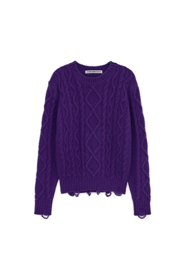 DAMAGED CABLE WOOL KNIT, PURPLE