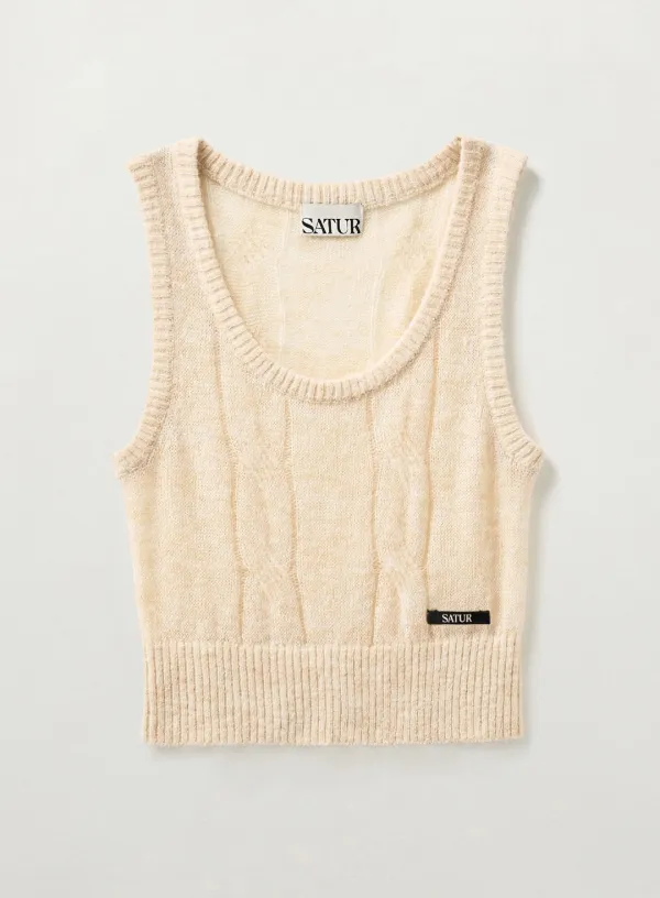 (W) Mohair Crop Knit Vest - Cream