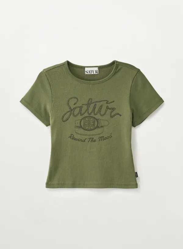 (W) Belt Graphic Slim Fit T-Shirt - Khaki