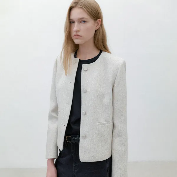 (JK-3030)COY ROUND NECK TWEED JACKET