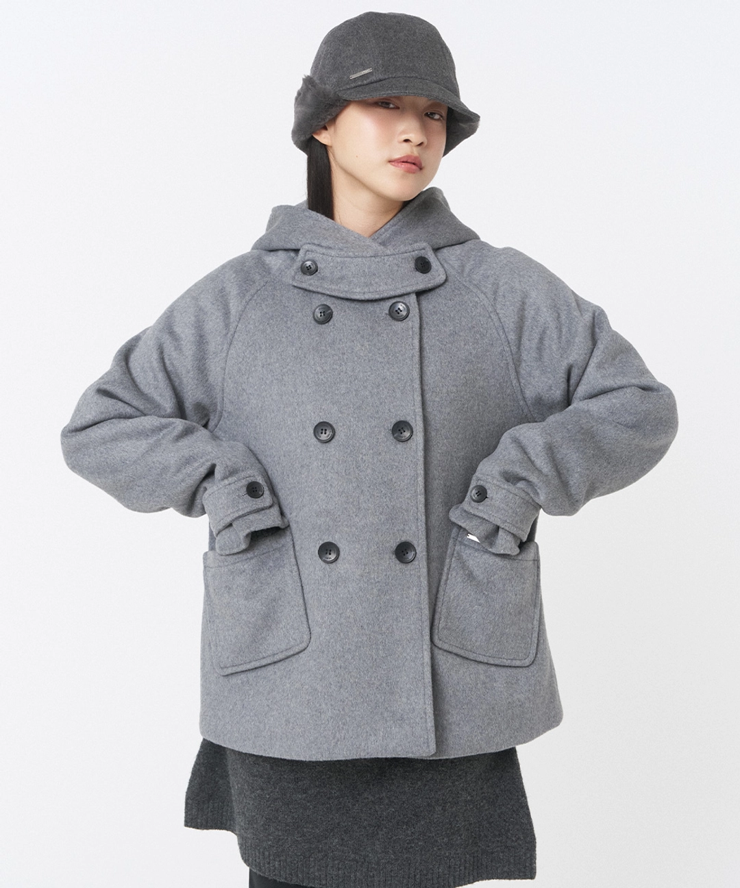 미세키서울 Hoodie double button coat GREY 상품 이미지 2