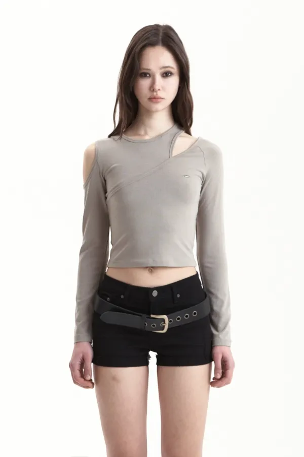 SLASH CUT-OUT LONG SLEEVE BEIGE