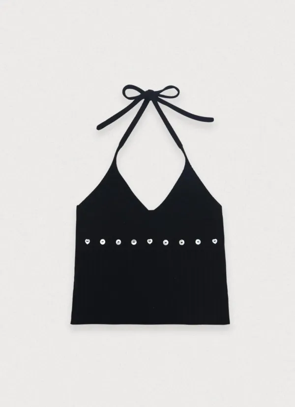 [5th/restock] Button halter knit sleeveless - black