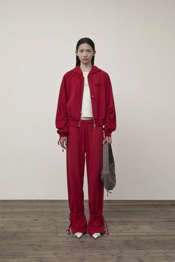 SLEEVE STRING DETAIL HOODY ZIP UP IN RED