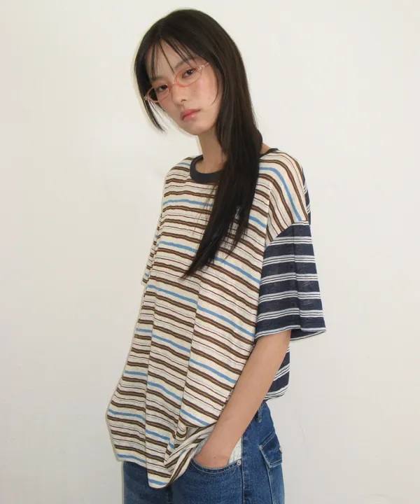 MIX STRIPE CONTRAST OVER FIT T SHIRT CHARCOAL BROWN