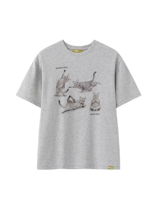 Stretching Cat T-Shirt - Melange Grey