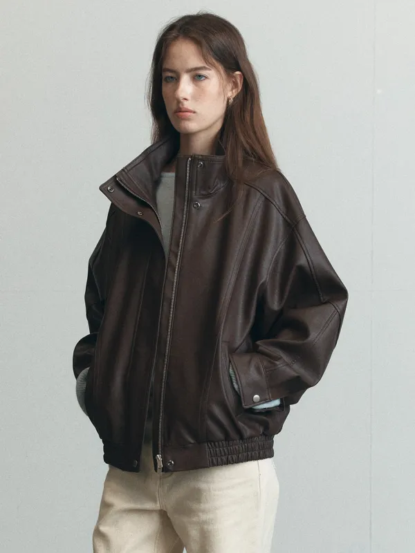 High-neck oversized leather jumper [KNFW06JP06]_Brown