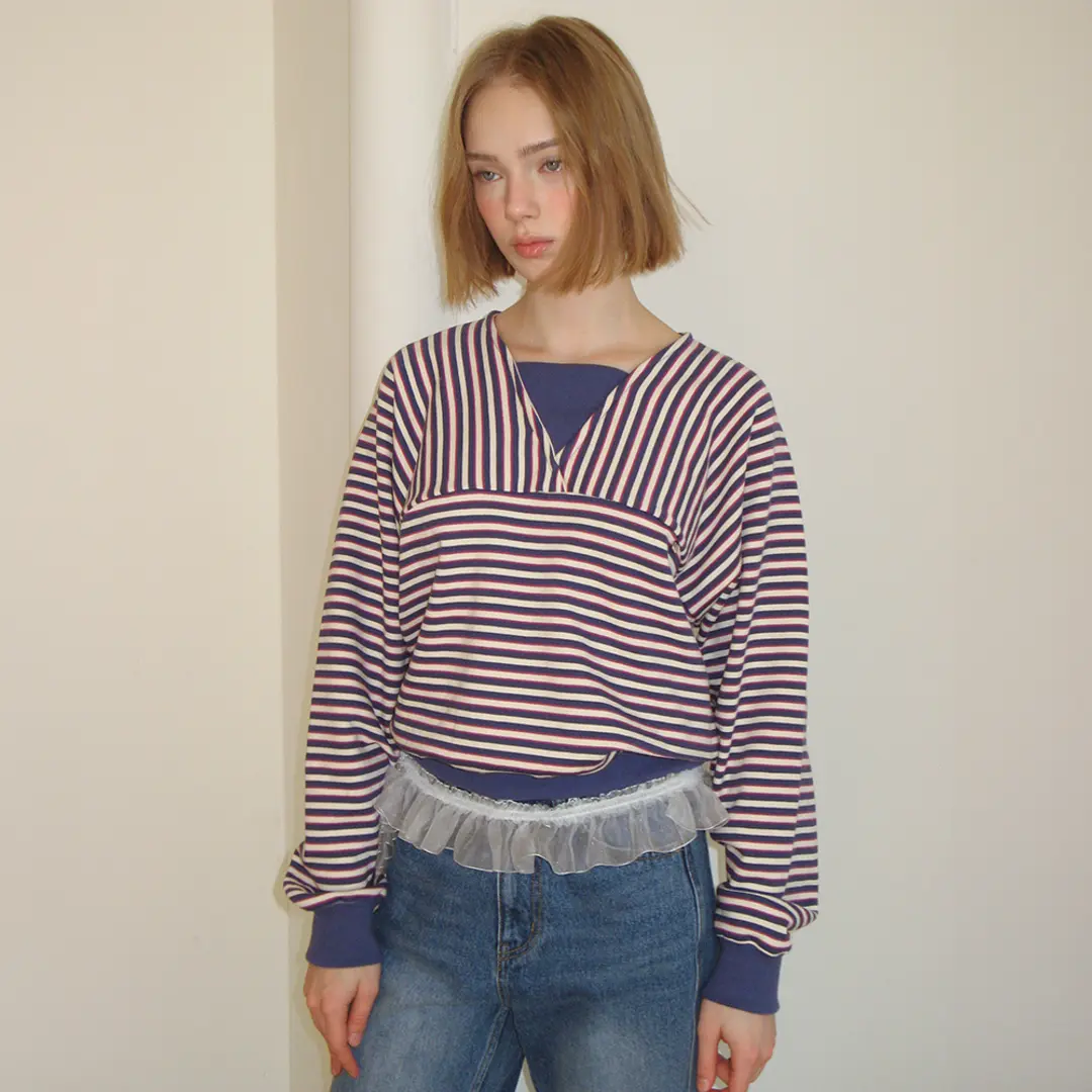 론론 PENDANT V NECK STRIPE SWEATSHIRT BLUE 상품 이미지 2