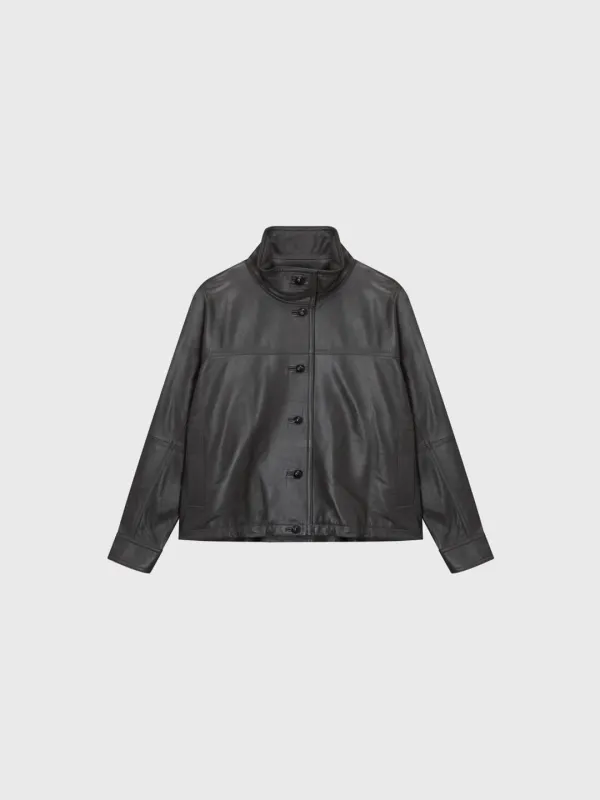 [Exclusive] Lambskin High Neck Button Jacket (Khaki / Black)