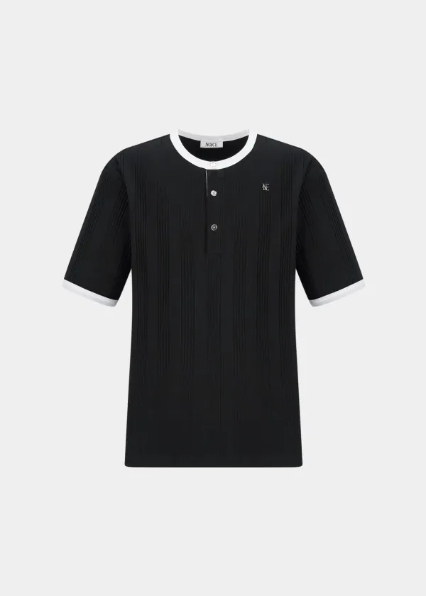 COTTON RIBBED RINGER HENLEY NECK - BLACK