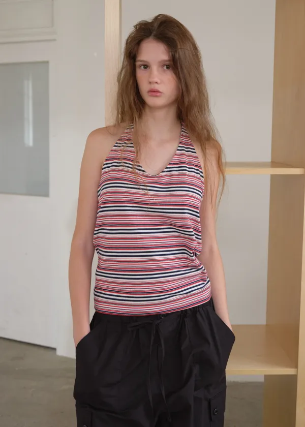 MULTI STRIPE HALTER TOP - RED