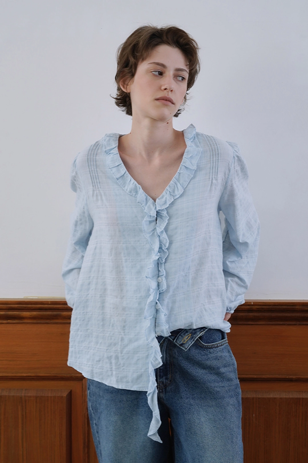 위드아웃썸머 Ruffle shirring blouse_skyblue 상품 이미지 2