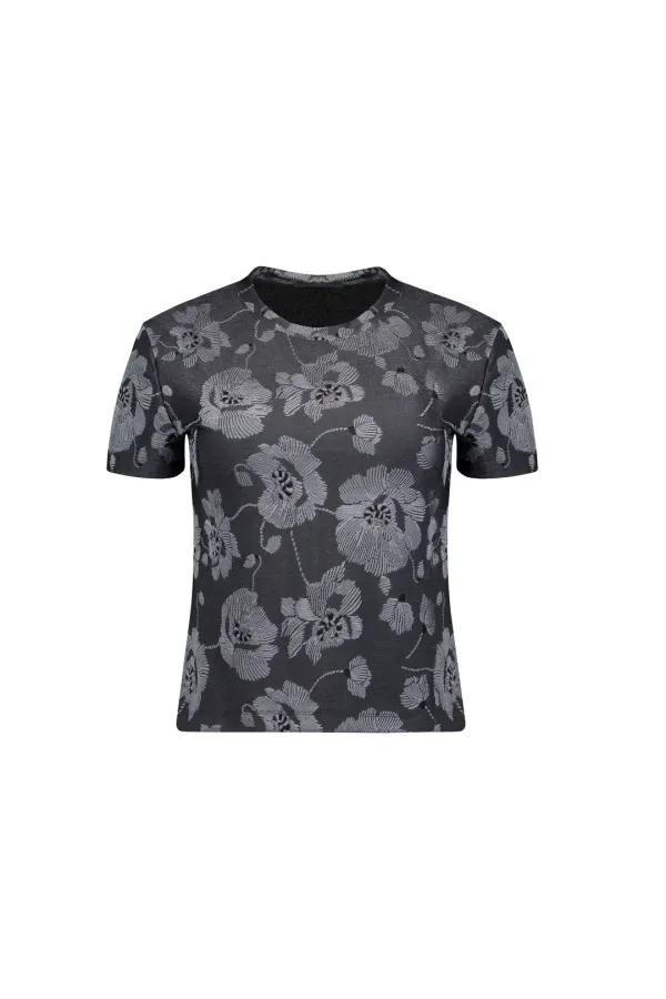 FLORAL JACQUARD HALF-SLEEVE TOP (GRAY)